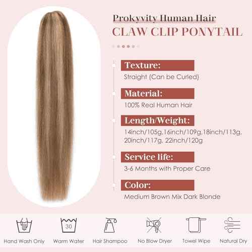 Human Hair Claw Clip Ponytail, Claw Clip Human Hair Ponytail,Effortless Application with Secure Hold,Style in Seconds,Quick Styling Solutions for Busy Lives 16"/109g Medium Brown Mix Dark Blonde