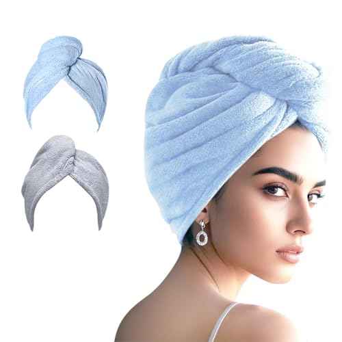 2 Packs Single Layer Microfiber Hair Turbans - Drying Wrap for Women (Blue,Gray)