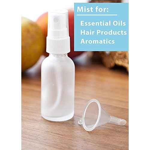 JUVITUS 1 oz Clear Frosted Glass Boston Round Bottle with White Fine Mist Spray (24 pack) + Funnel