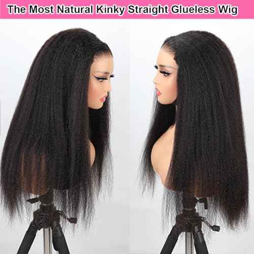 Domiso Wear and Go Glueless Wig Pre Plucked Pre Cut 7x5 Lace Wig Kinky Straight Lace Front Wigs Human Hair for Women Brazilian Beginners Wig Natural Hairline Breathable Cap 200% Density 18 Inch
