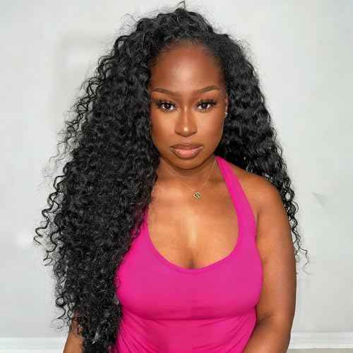 Deep Wave Half Wig Human Hair 200% Density Wear Go Glueless Wigs Human Hair Curly 3 In 1 Half Wigs 22 Inch for Women Drawstring Seamless Flip Headband Wig Beginner Friendly