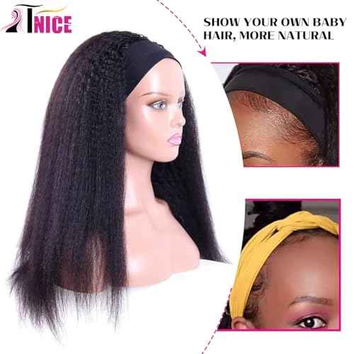 TNICE Kinky Straight Headband Wig Human Hair 26 Inch Headband Wigs for Black Women Glueless None Lace Front Yaki Straight Human Hair Headband Wig Brazilian Virgin Hair Wigs Natural Black 180% Density