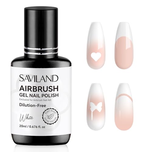 SAVILAND Plus Airbrush Gel Nail Polish Dilution-free: 20 ml No Clogging White Airbrush Nail Polish Non-Acetone Nail Gel P olish for High Pigmented Colors Airbrush N ail Polish for Ombre French Nail