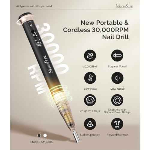 MelodySusie Pen-Shaped Stepless Speed Adjustment Cordless Nail Drill, SM220G 30000RPM Portable Rechargeable E-File with Rotary Lock for All Manicure Shaping & Acrylic Gel Removal for Pros at Home