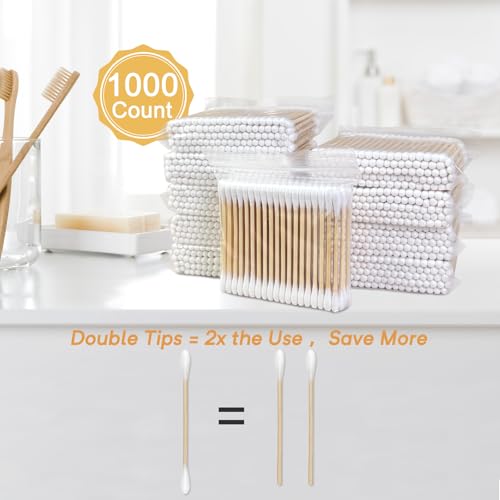Bamboo Cotton Swabs 1000 Count in Storage Box, Double-Tipped Organic Cotton Buds with Durable Bamboo Sticks, for Makeup, Ear Care, Cleaning, Crafts