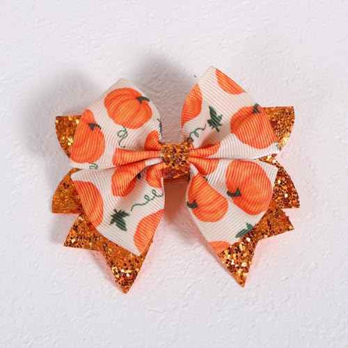 Happy Fall Thanksgiving Pumpkin Hair Bows Clips for Girls, 2pc 3.5" Glitter Orange Ribbon Bowknot Alligator Barrettes Hairpins Teens Toddlers Halloween Dress Outfit Decor Accessory Gift