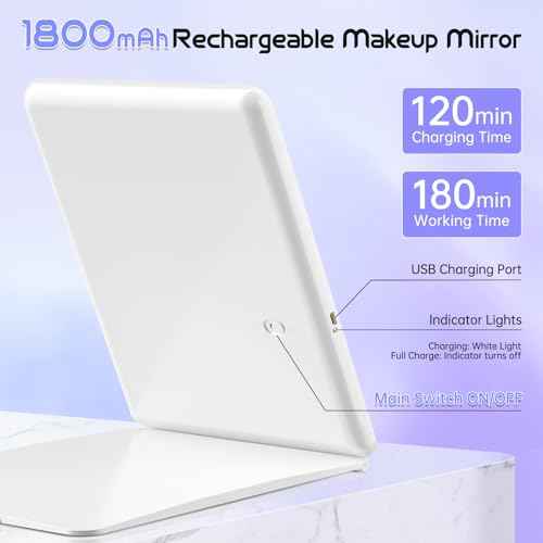 FUNTOUCH Large Rechargeable Travel Makeup Mirror with Light, Portable Makeup Mirror with 10X Magnifying Mirror 3 Lighting Modes, Dimmable Touch Screen, Tabletop Folding Travel Mirror with Storage Bag