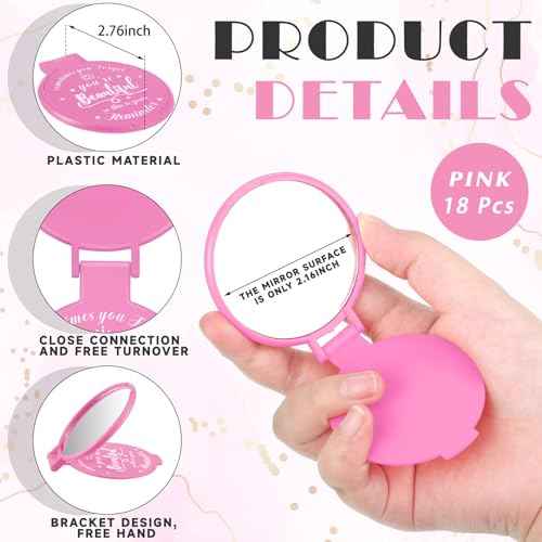 18 Pcs 2.76 Inch Inspirational Compact Mirror Bulk Party Favors Quinceanera Gift Purse Small Mirror Pocket Mini Gifts for Women Adult Coworker Halloween Christmas Friends (Pink)