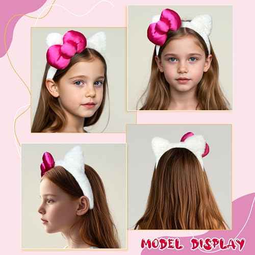 Kitty Headband White Cat Ears Hair Accessories with Pink Bow Birthday Party Costume Christmas Gifts for Women