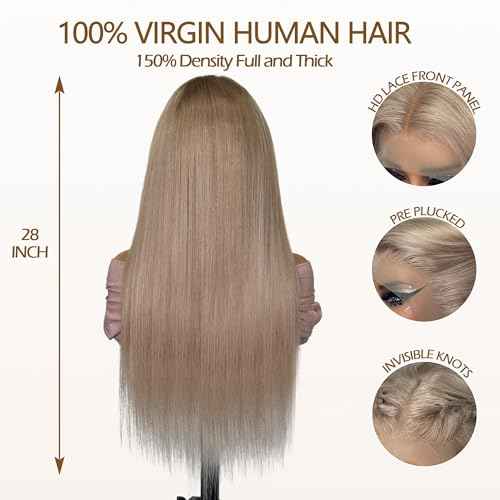Ash Blonde Straight Lace Front Wigs for Black Women Pre Plucked Ash Blonde Wig Human Hair 13x6 Transparent Lace Front Wigs Human Hair Colored HD Lace Frontal Wig 24 Inch