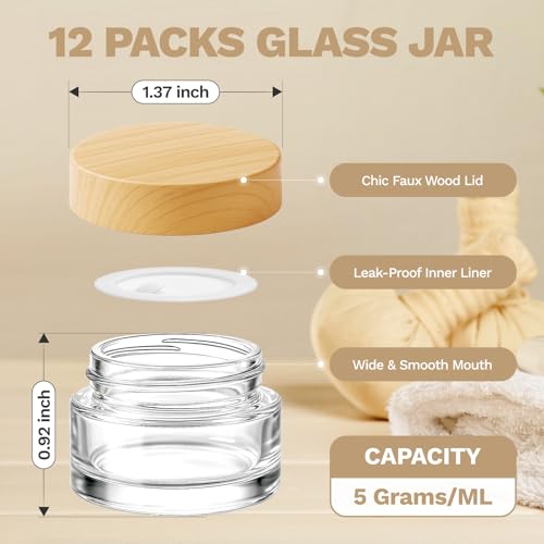 Bumobum 12 Pcs 5 Grams Glass Cosmetic Jars with Plastic Wood-Grain Lids, 5 ml Lip Balm Containers Empty Tiny Sample Jars for Lip Scrub Makeup Eye Cream Travel