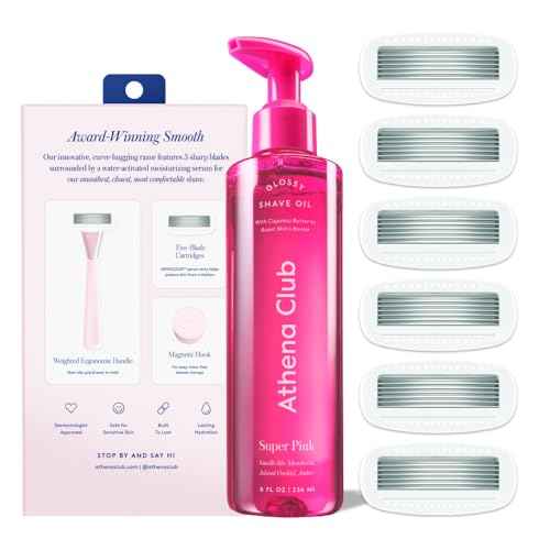 Athena Club Women's Razor Shave Kit, 1 Rose Razor Handle + 6 Blade Refills + Super Pink Glossy Shave Oil