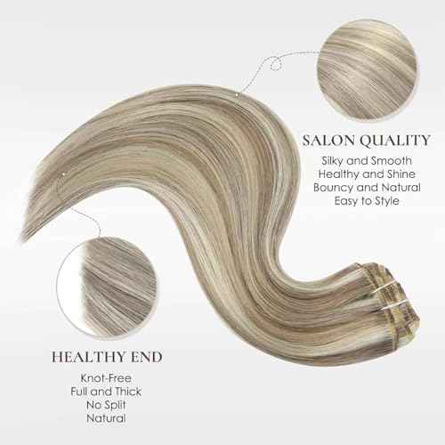 Clip in Hair Extensions Real Human Hair 20inch 95g 7PCS Ash Brown Highlights Platinum Blonde Remy Clip on Human Hair Double Weft Natural Silky Straight Clip ins Hair