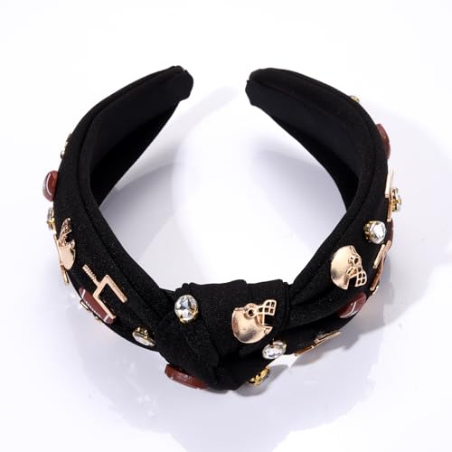 Football Headband for Women Football Accessories Beaded Football Rhinestone Crystal Knotted Headband Jeweled Embellished Game Day Top Knot Headband Football Mom Hair Accessories (A-Black Football)