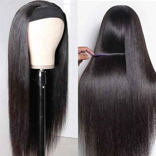 Headband Wig for Women Black Straight 26 Inch Wigs Human Hair Glueless Wear and Go 180% Density Ready to Go No Lace Glueless Wig with Headband Beginners Friendly Natural Black