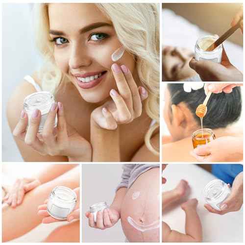 Layhit 36 Pcs 2oz Glass Jars with Lids Clear Small Jars with Plastic Woodgrain Lids, White Labels and Inner Liners Empty Round Cosmetic Containers for Creams Lotions Candle Making (2oz/ 60ml)