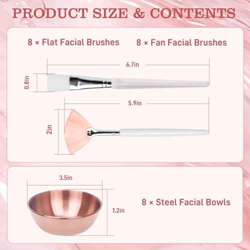 24Pcs Esthetician Supplies for Facials Set - Face Mask Applicator Brushes Tools, 8 Rose Gold Facial Bowls, 8 Fan Mask Brushes, 8 Flat Brushes, Spa Party Favor Esthetician Supplies for Mask DIY