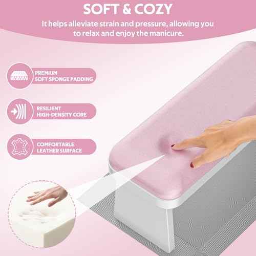 Nail Arm Rest,Foldable Manicure Hand Rest,PU Leather Nail Hand Pillow for Acrylic Nails Cushion,Nail Arm Rest for Nail Tech Manicure Salon Home,Pink