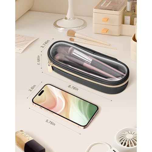 Clear Travel Makeup Brush Holder, Leather Makeup Brush Toiletry Bag, Portable Cosmetic Brush Case, Transparent Waterproof Makeup Brush Storage Bag, Black, Large