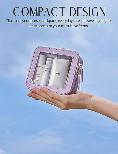 Small Cosmetic Bag for Purse Mini Makeup Bag for School Cute Clear Make Up Pouch for Travel Tiny Leather Purple Make Up Organizer Case for Backpack Toiletry Bag Waterproof Square Pouch with Zipper