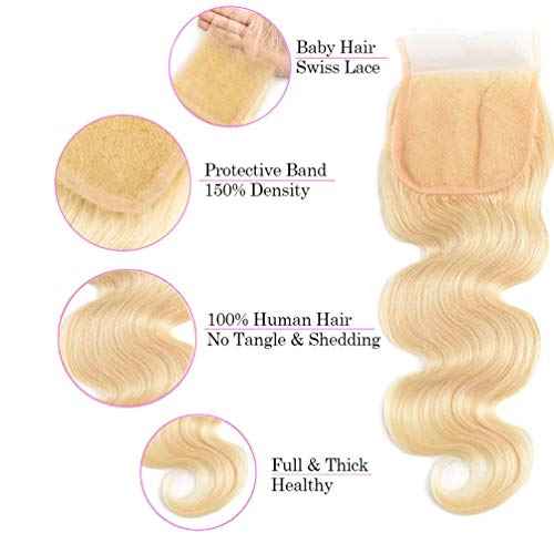 613 Hair Body Wave Bundles with Closure 613 Honey Blonde Bundles with Lace Closure Brazilian Virgin Body Wave 3 Bundles with 4¡¿4 Lace Closure 150% Density Free Part (14 16 18+12C)