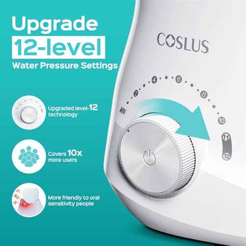 COSLUS Professional Water Flosser for Teeth: 12 Pressure Settings Electric Dental Pick for Tooth Cleaning, Sensitive Gums, Braces, Oral Care - Home Use, ??4 Jet Tips for Multiple Users, Family, White