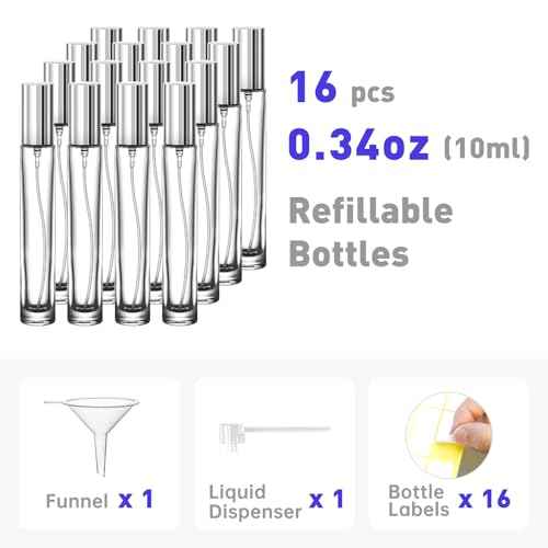 Travel Perfume Bottle Refillable, 16pcs 10ML Mini Glass Perfume Containers with Funnel and Label, Empty Portable Leak-proof Fragrance Bottles Spray Atomizer Pump Bottle Kit for Toiletries