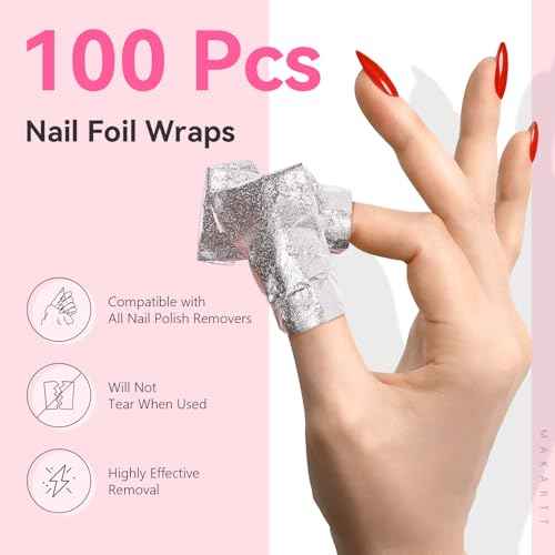 Makartt Nail Polish Remover Soak off Foils ? Gel Polish Remover Foil Nail Wraps with 1.18 inch Pre-attached Lint Free Larger Cotton Pads for Gel Nail Removal at Home or Salon(100 Pcs)