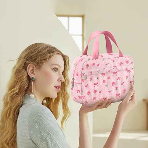 Small Makeup Bag for Purse Cute Corduroy Cosmetic Pouch with Zipper Travel Toiletry Bag for Women(Flower bow pink)