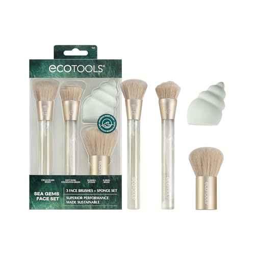 EcoTools Sea Gems Face Makeup Brush & Sponge 4 Piece Set, Eco-Friendly Makeup Brushes & Makeup Sponge, For Foundation, Blush, Contour, & Setting Powder, Recycled Plastic, Cruelty-Free Tools