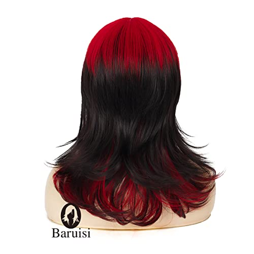 Baruisi Black Red Wigs for Women Shoulder Length Layered Shaggy Wig with Bangs Synthetic Halloween Cosplay Wig