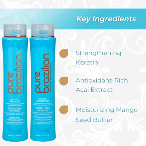 Pure Brazilian Anti-Frizz Daily Shampoo & Conditioner, Salt-Free & Color Safe, Enriched with Keratin, Argan Oil & Acai, 13.5 Ounce (400 Milliliter)