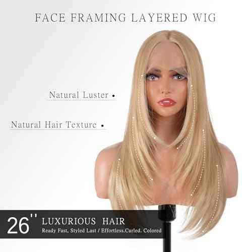 Synthetic Lace Front Wig 26 Inches Long Blonde Wig for Women Straight Layered Wig 13x4x1 HD Lace Pre Plucked Hairline Middle Part Synthetic Wigs for Daily Party Use (#Mixed Blonde, 26 Inch)