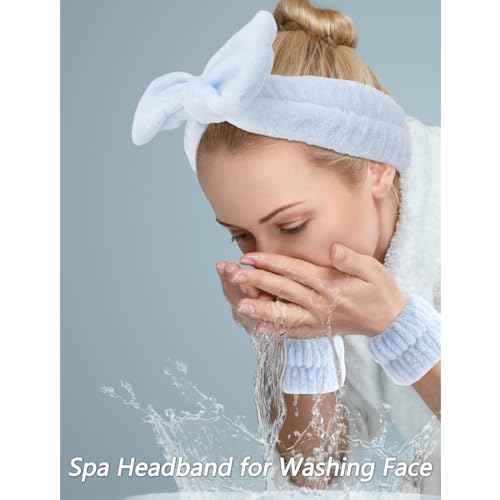 VELSCRUN Spa Headbands for Wash Face, Makeup Headband, Facial Skincare Headbands, 5 Pcs Blue Puffy Sponge Spa Headband Bow Tie Hair Band Hair Clips Wristband Set Women Girls Accessories