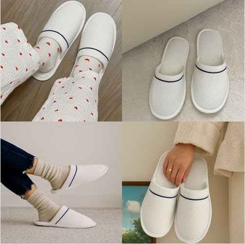 Modlux Spa Slippers - 12 Large Pairs of Plaid Cotton with ribbon, Closed Toe Slippers – Thick, Soft, Non-Slip, Disposable Slippers - Home, Hotel, or Commercial Use (White)