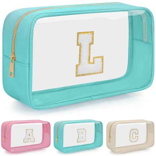 Personalized Initial Clear Makeup Bag, Travel Chenille Patch Cosmetic Bag, Preppy Toiletry Bag Monogram Cosmetic Pouch with Zipper, Ideal Gift for Teen Girls Women (Clear-Green, L)