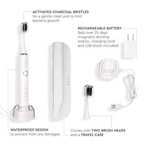 Boka 3.0 Electric Toothbrush for Adults w/ 2 Heads - Rechargeable Sonic Powered Tooth Brush - Charcoal Activated Bristles for Deep Cleaning - Dentist Recommended Oral Care - Charging Base w/Micro USB