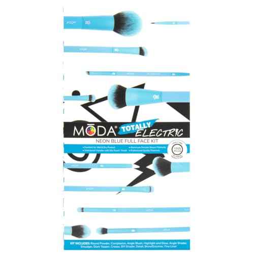 MODA Totally Electric Neon Blue Full Face Makeup Brush Kit ? 13pc Vibrant Brush Set for Face & Eyes with Zip Case