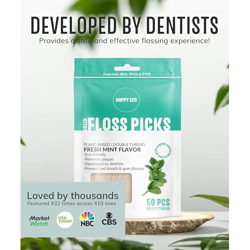 Floss Picks Biodegradable (200pcs) - Natural Dental Floss Picks, Vegan, Sustainable, Reusable, Shred Resistant and Nontoxic Plant-Based Material - Single Thread Mint