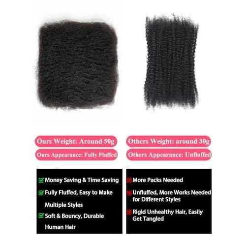 REBECCA FASHION Afro Kinky Bulk Human Hair 50g/Pack Braiding Hair for Dreadlock Extensions, Loc Repair, Afro Kinky Curly Human Hair Bulk for Twist 22 Inch Natural Black Color