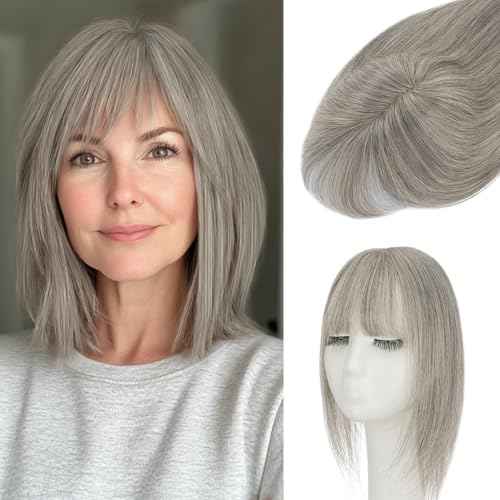S-noilite Hair Toppers for Women Real Human Hair, 100% Real Human Hair Toppers with Bangs for Women with Thin Hair,2.25"*6" Lace Silk Base 12 inch (Mixed Light Gray)