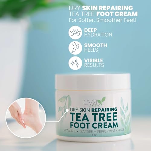 Eva Naturals Tea Tree Foot Cream ? Moisturising Foot Lotion & Balm for Dry, Cracked Heels & Feet with Peppermint, Menthol, Spearmint, Aloe, Sunflower Oil & Geranium ? Cream for Men & Women, 4 Fl Oz