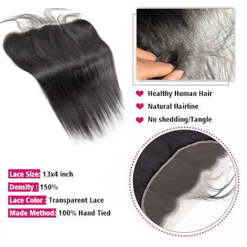 CHEEON 13x4 Transparent HD Lace Frontal 20 Inch Brazilian Straight Lace Frontal Closure Human Hair 100% Unprocessed Virgin Human Hair Frontals Pre Plucked with Baby Hair 150% Density Natural Black