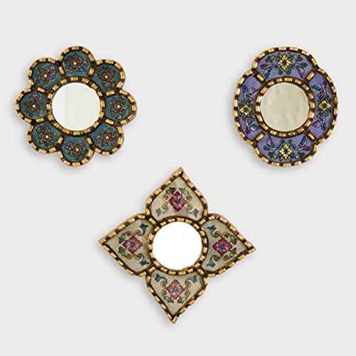Artisan Small Accent Wall Mirror Set of 3 - Peruvian mirrors for wall with bronze leaf frame - Reverse Painted Glass Mirrors