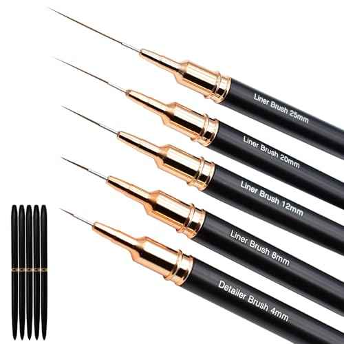 5Pcs Metallic Nail Art Liner Brush Set, UV Gel Polish Painting Tools for Long Lines, Thin Details, Fine Drawing, Sizes 4/8/12/20/25mm (Black)
