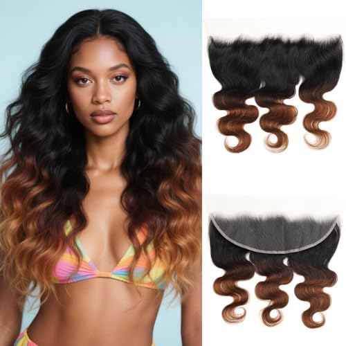 Ombre 13x4 HD Lace Frontal Body Wave (150% Full Denisty, 16 IN) 12A Chestnut Brown 3 Tone Color #T1B/2/30 Ombre Frontal Transparent hd Lace Ear to Ear Natural Hairline Dark Root 100% Remy Hair