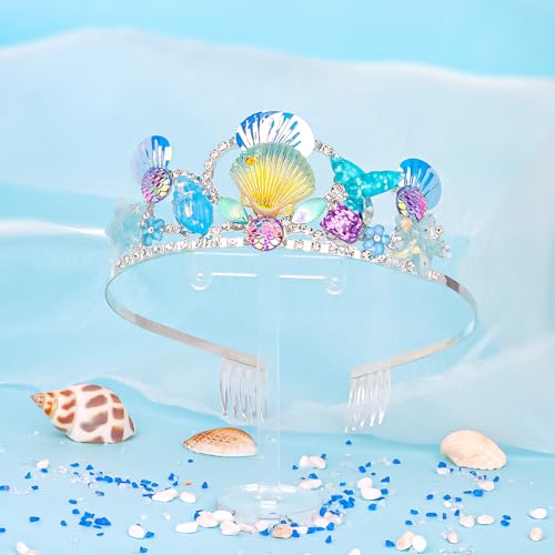 Wecoe Tiara for Girls Blue Mermaid Birthday Crown Princess Crown Fairy Crown Tiara Mermaid Party Decoration Birthday Party Favor Party Supplies Princess Dress Up Costume Accessories Gift