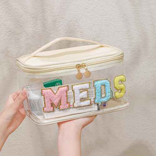 Personalized Chenille Letter Clear Medicine Makeup Bag, Large Size Waterproof Nylon Cosmetic Toiletry Storage bag with Top Handle, Transparent Meds First Aid Travel Organizer Cosmetic Bag(04Black)