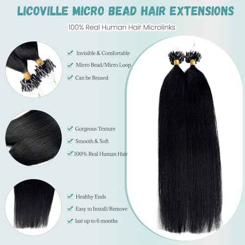 Microlink Hair Extensions Human Hair Jet Black Micro Beads Extensions for Black Women 26 Inch Long Soft Real Human Hair Straight Natural Color Micro Ring Extension Bundle No Weft No Glue 50s 50g