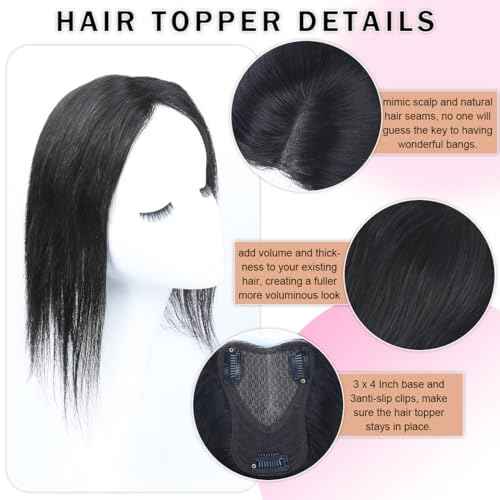 Hair Toppers for Women Real Human Hair 12 Inch 360¡Æ Cover Remy Human Hair Topper for Women with Thinning Realistic Scalp Clip in Pieces Straight Hair (Natural Black, Side Bangs)